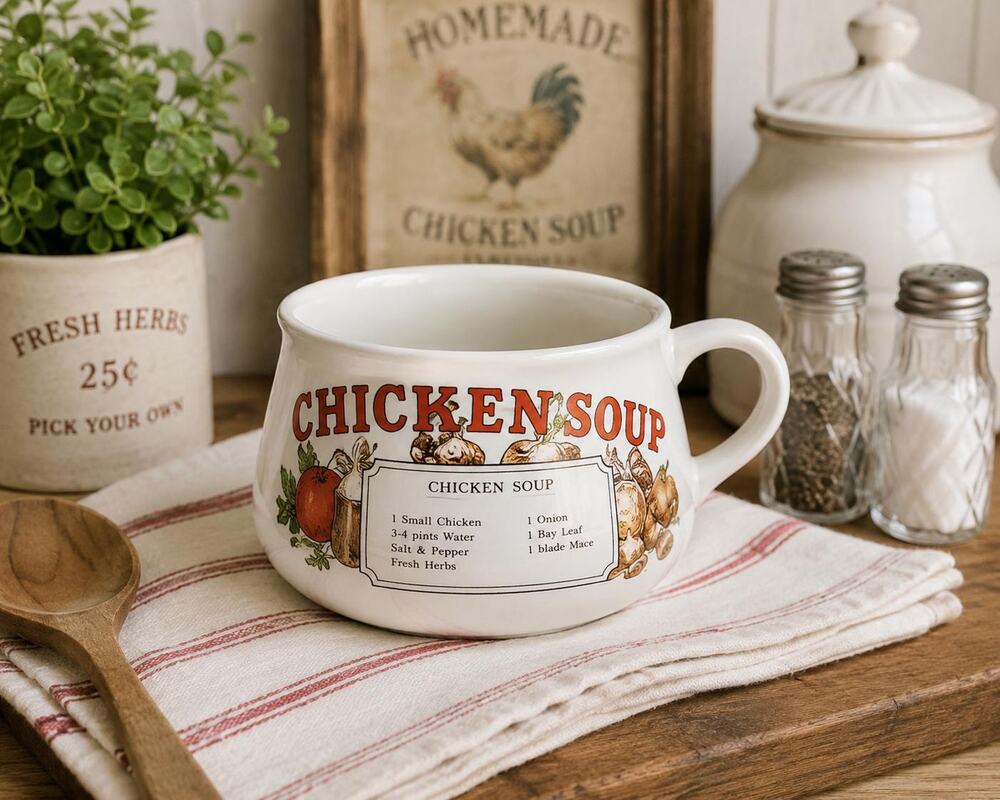 Vintage Chicken Soup Recipe Mug 1970s Taiwan Ceramic Farmhouse Soup Cup